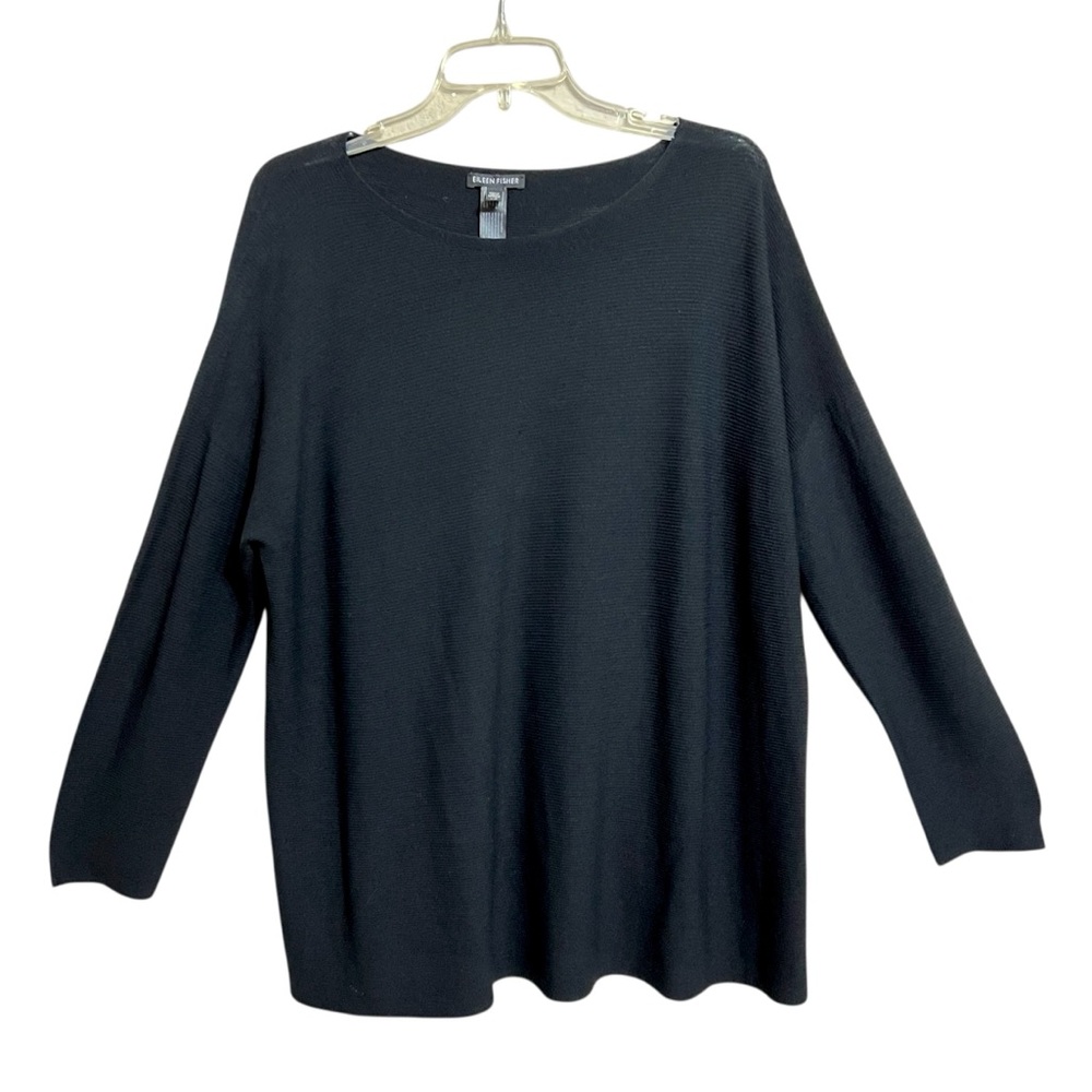 Eileen Fisher Minimalist Lightweight Wool Sweater L Black Ribbed Staple Relaxed
